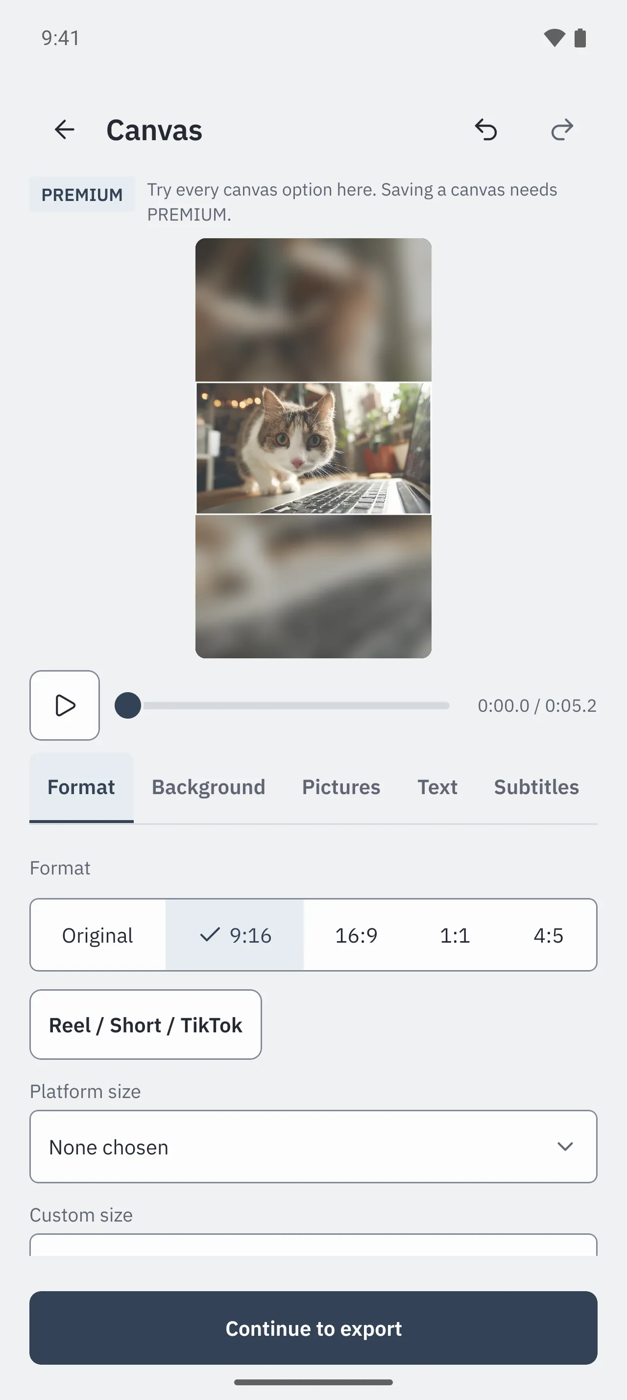 PocketClip on an Android phone, light appearance: the Canvas editor with a 9:16 preview on a blurred background, tabs for Format, Background, Pictures, Text and Subtitles, format choices from Original to 4:5 and a Continue to export button.