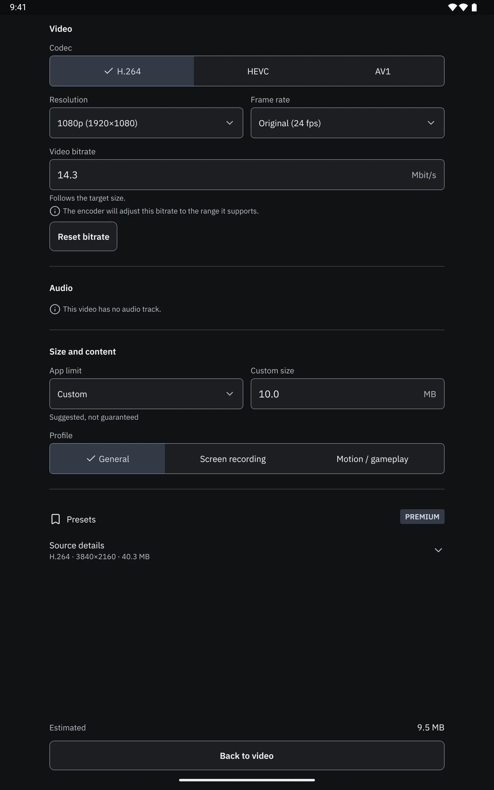 PocketClip on an Android tablet, dark appearance: Advanced settings with codec H.264, HEVC and AV1, resolution and frame rate side by side, video bitrate, an app limit with a custom size of 10.0 MB marked “Suggested, not guaranteed”, profiles for General, Screen recording and Motion, and an estimate of 9.5 MB.