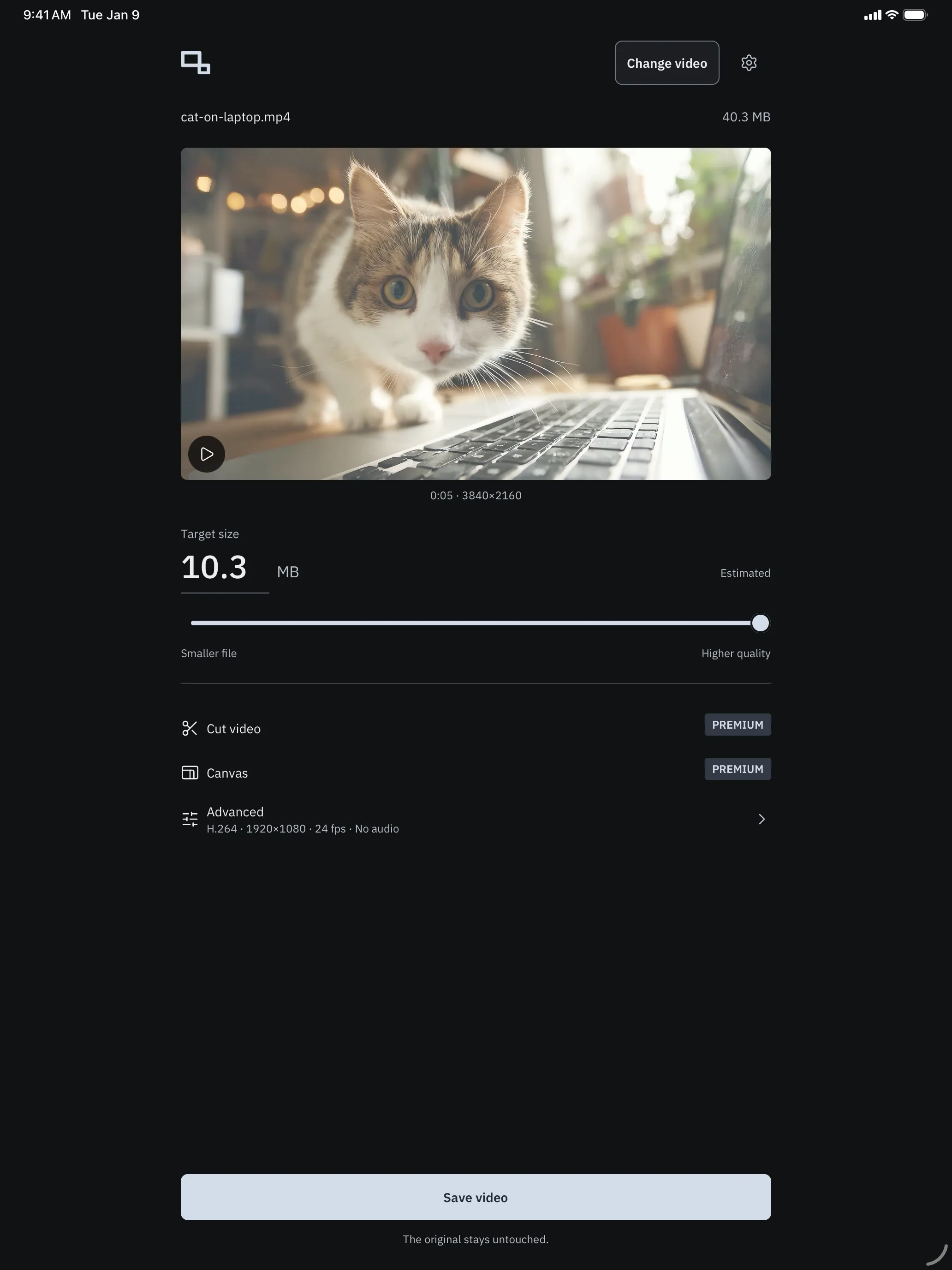 PocketClip on iPad, dark appearance: the main screen with a selected 4K video, cat-on-laptop.mp4 at 40.3 MB, a target size of 10.3 MB, Cut video and Canvas marked PREMIUM, and a Save video button.
