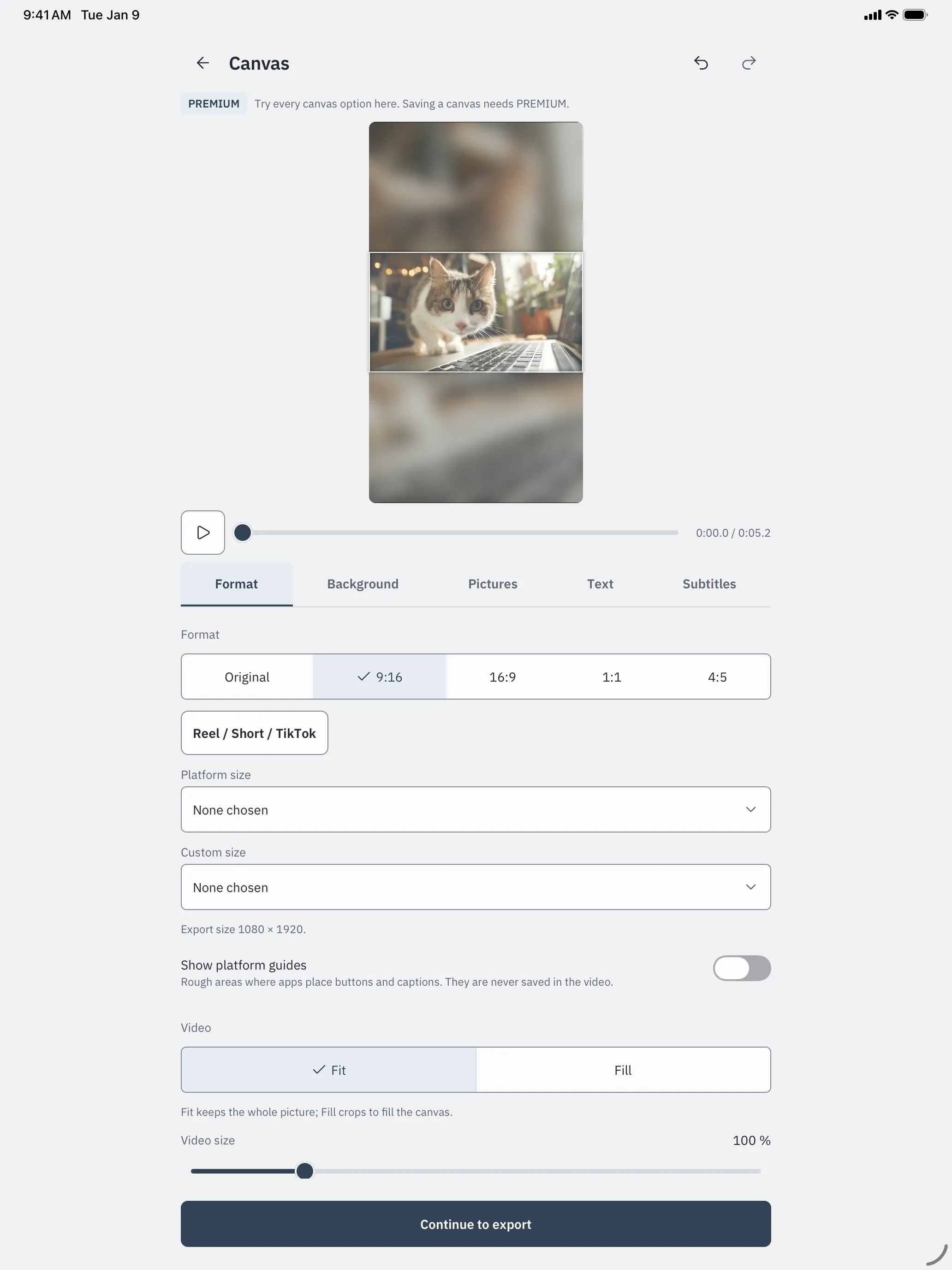 PocketClip on iPad, light appearance: the Canvas editor with the note “Try every canvas option here. Saving a canvas needs PREMIUM.”, a 9:16 preview on a blurred background, format choices, platform and custom sizes, Fit or Fill, and a Continue to export button.