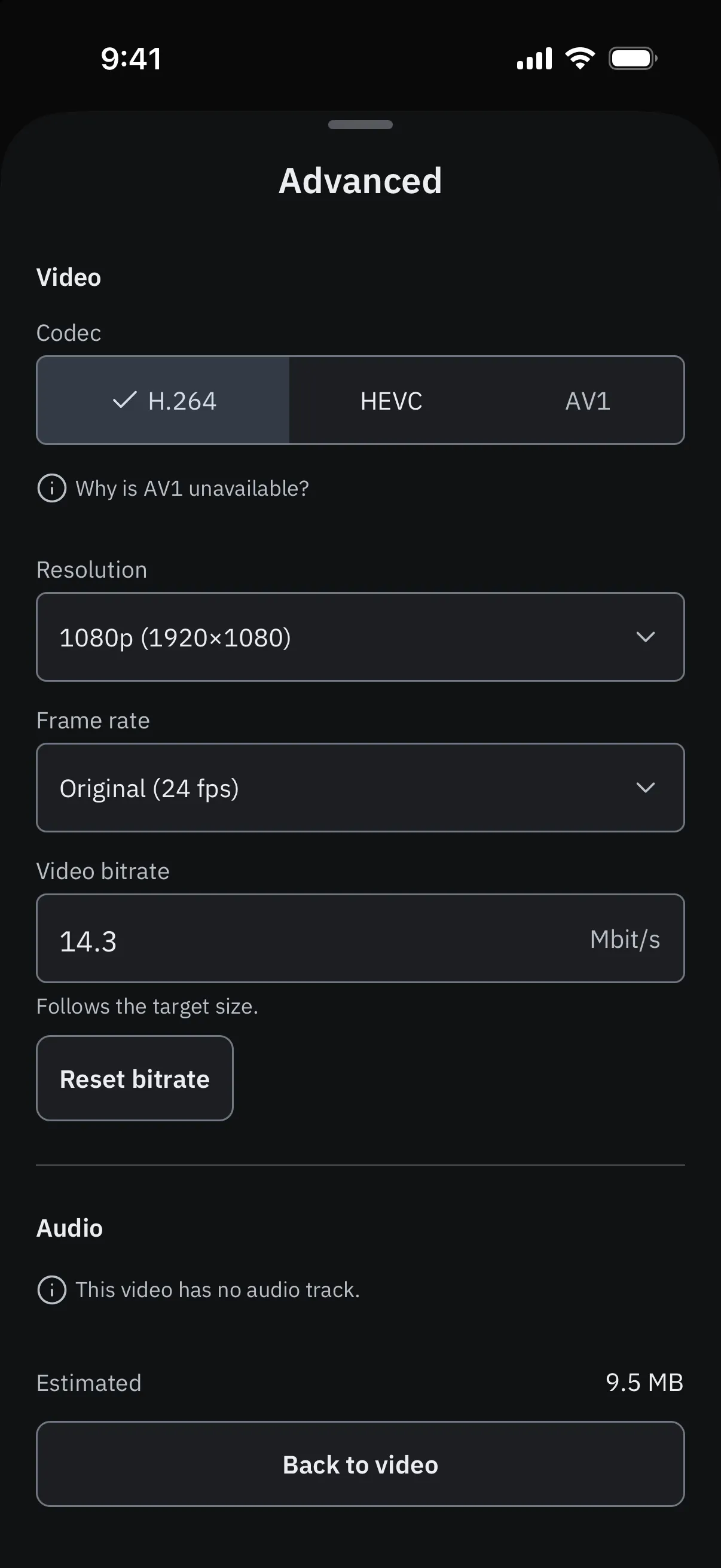 PocketClip on iPhone, dark appearance: the Advanced sheet with codec H.264 selected next to HEVC and AV1, a link “Why is AV1 unavailable?”, resolution 1080p, original frame rate 24 fps, video bitrate 14.3 Mbit/s that follows the target size, and an estimate of 9.5 MB.