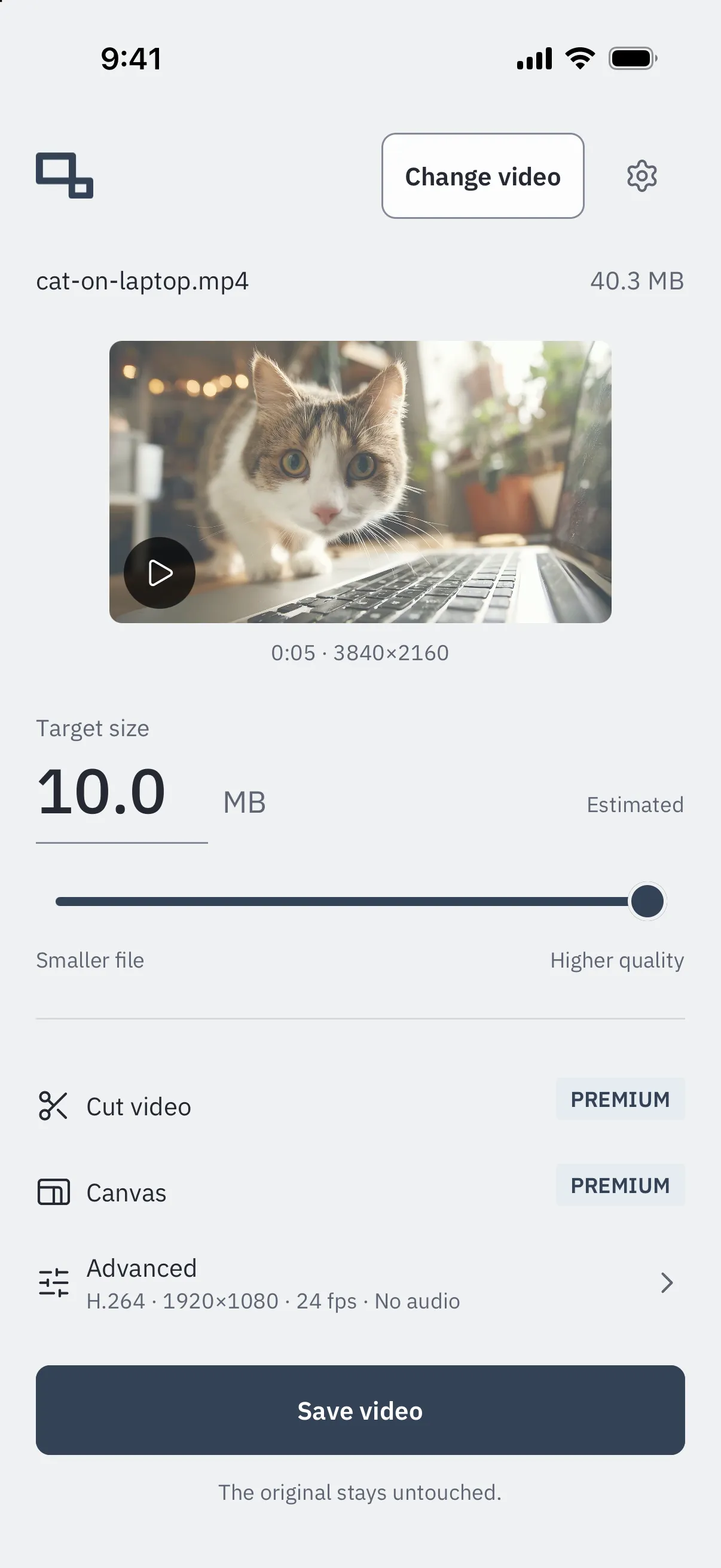 PocketClip on iPhone, light appearance: the target size set to 10.0 MB with the label Estimated, a slider from smaller file to higher quality, and the note “The original stays untouched.” under the Save video button.